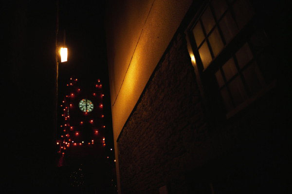 Christmas decorations on the clock tower at Kington